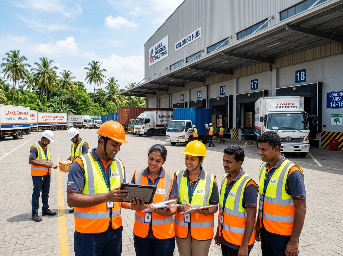 Sri Lankan logistics team reviewing operations at a warehouse facility in Sri Lanka